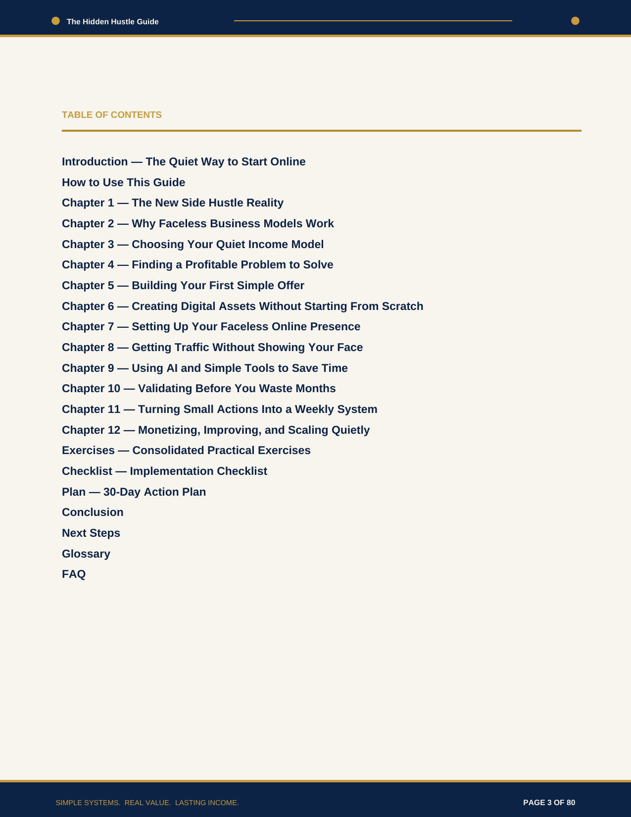 Table of Contents preview showing all 12 chapters and the 30-day action plan